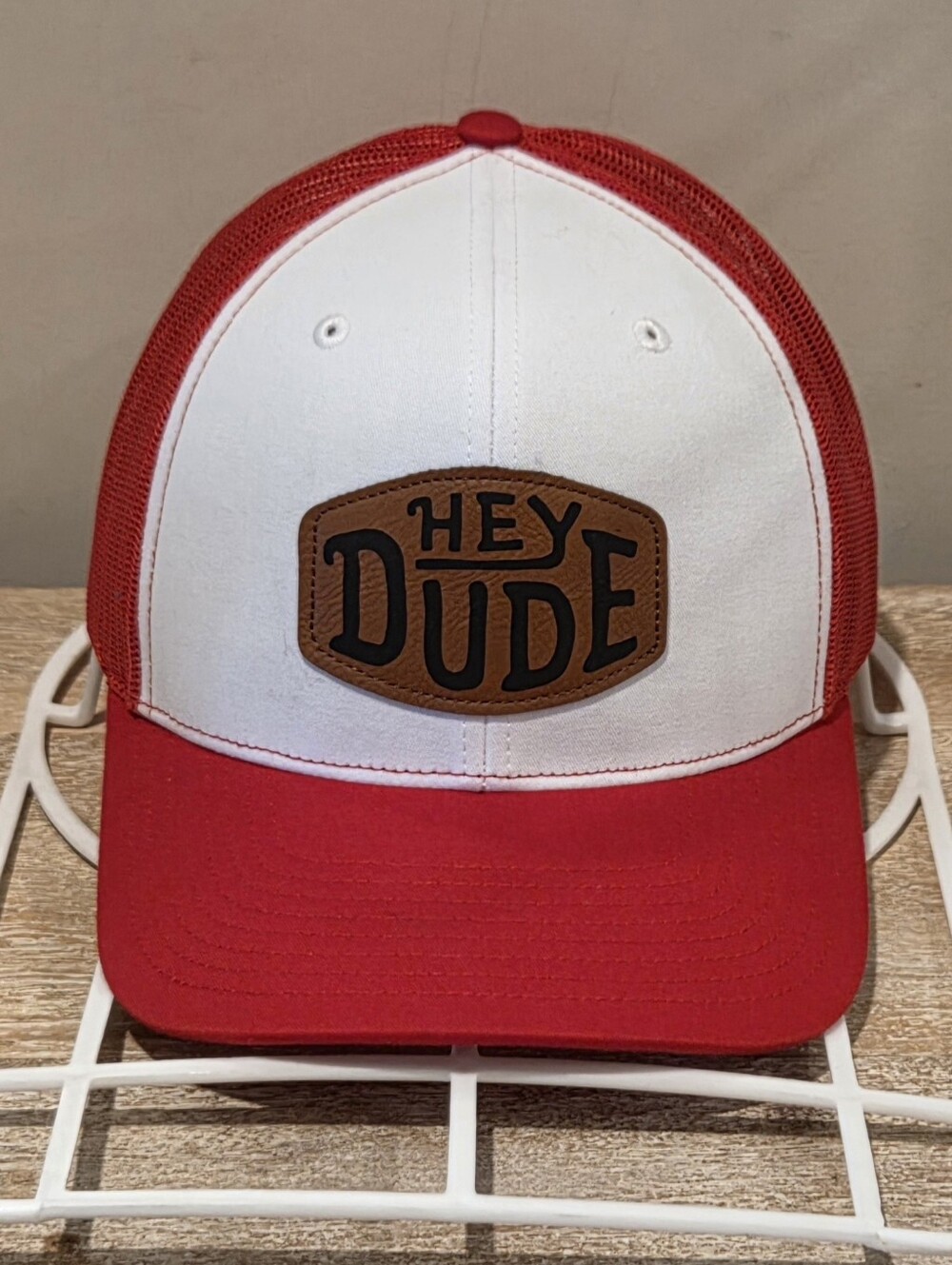 Hey Dude Football Leather Patch Logo Snapback Trucker Hat - Red & White
